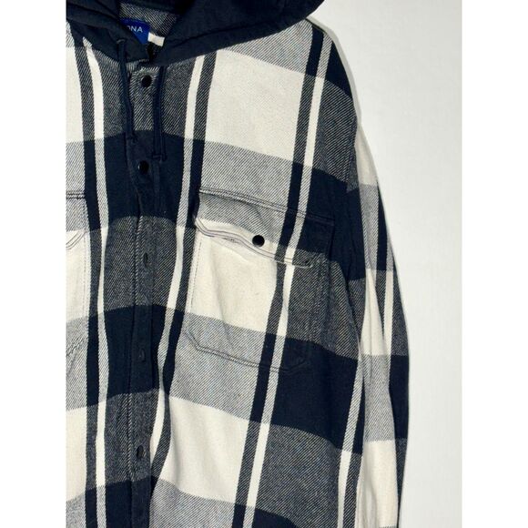 Arizona Jean Co Flannel Shirt Jacket Black White Plaid Hooded Button‑Up M - Picture 2 of 5